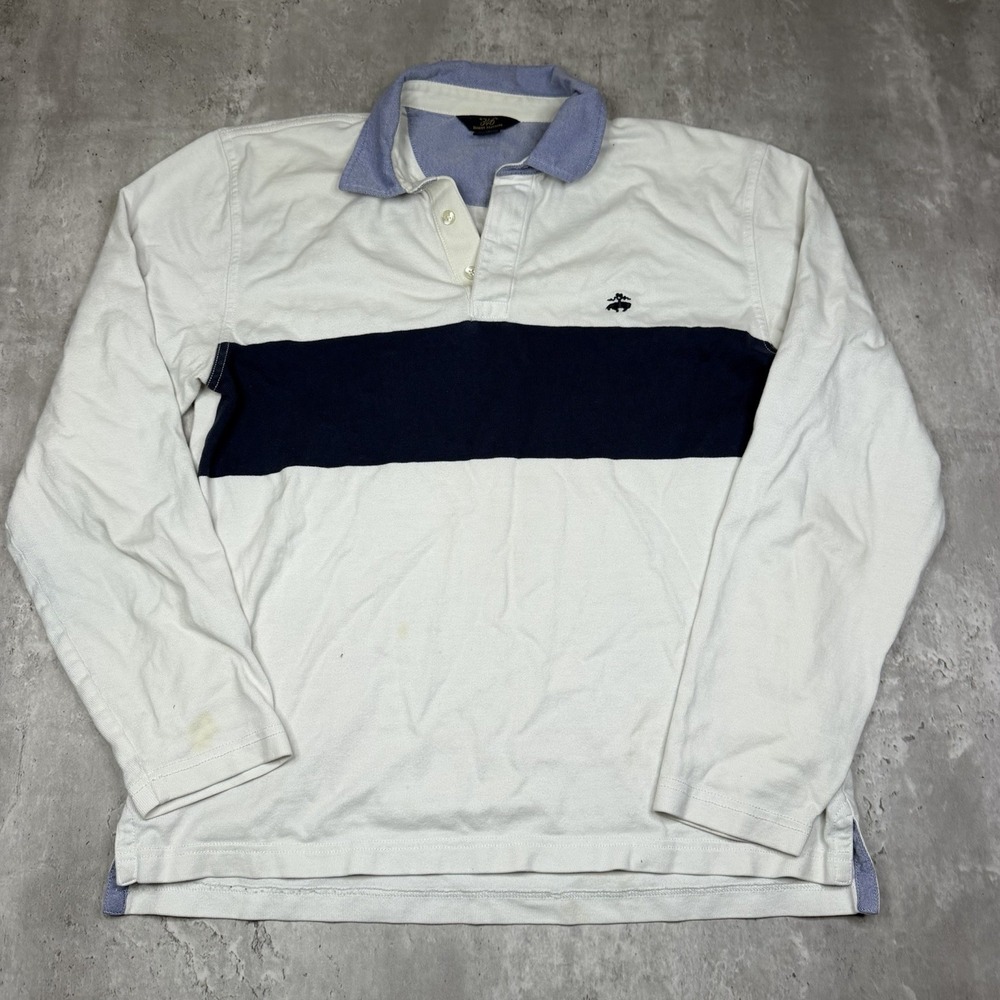 Brooks Brothers Mens 346 Cotton Rugby Polo Shirt Size M White Blue Striped VTG